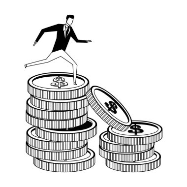 Siyah beyaz sikkelerin üzerine atlayan işadamı