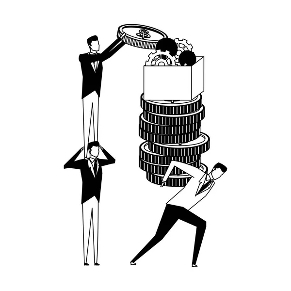 Empresarios sosteniendo monedas y bombilla de luz con engranajes dentro de la caja en blanco y negro — Vector de stock