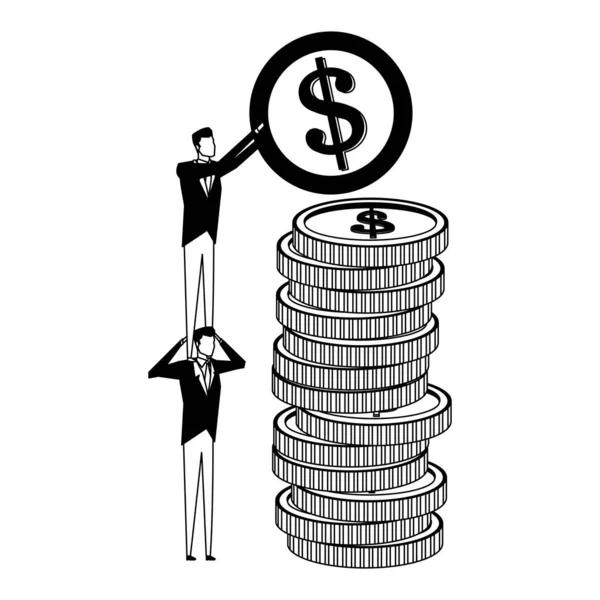 Empresários com moedas empilhadas em preto e branco — Vetor de Stock