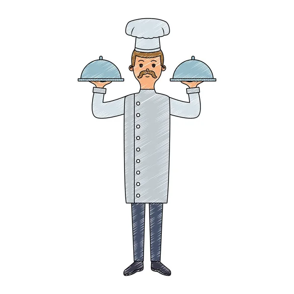 Mężczyzna szef kuchni trzymając potraw bazgrołów — Wektor stockowy