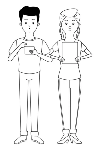 Millennial Couple Cartoon in Schwarz-Weiß — Stockvektor