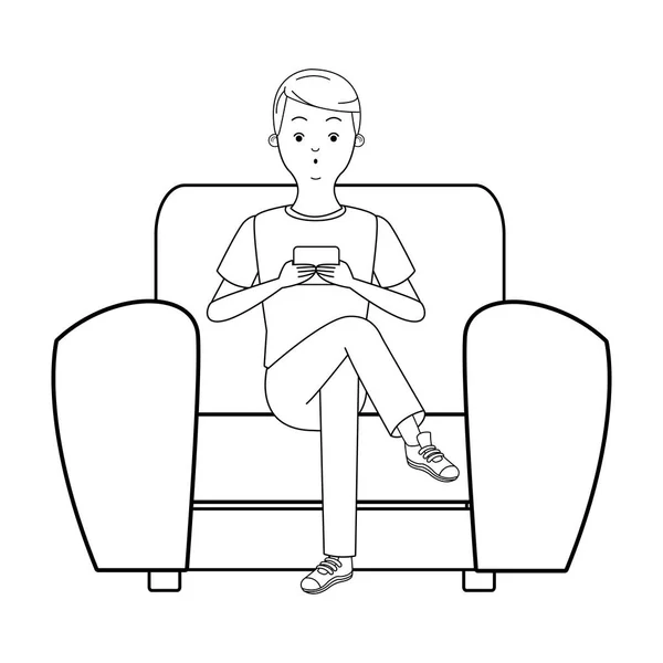 Young man with smartphone cartoon in black and white — Stock vektor
