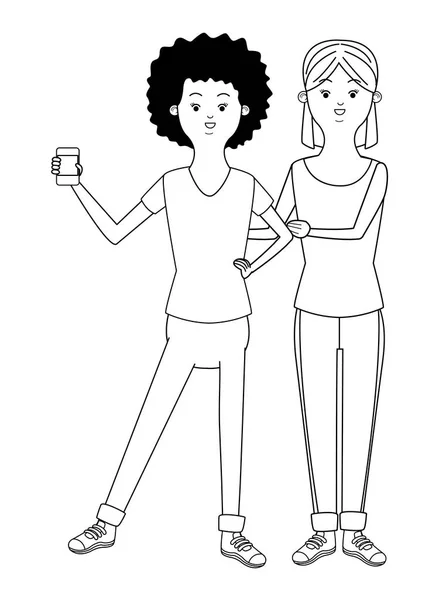 Belle bande dessinée de jeunes femmes en noir et blanc — Image vectorielle