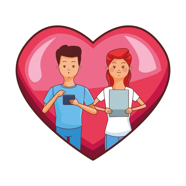 Millennial pareja en corazón marco de dibujos animados — Vector de stock