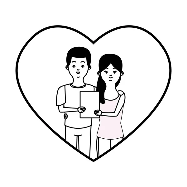 Millenniumi pár szívkeretben karikatúra fekete-fehér — Stock Vector