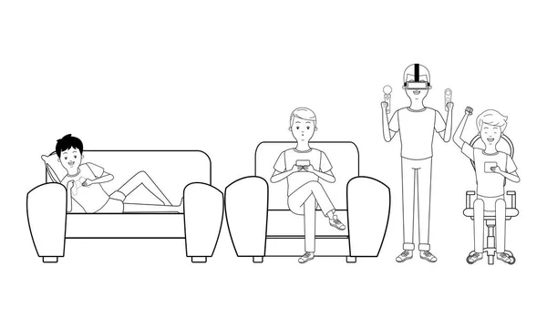 Millennial people gaming party noir et blanc — Image vectorielle