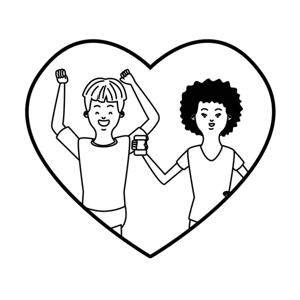 Millennial par i hjärt ram tecknad i svart och vitt — Stock vektor