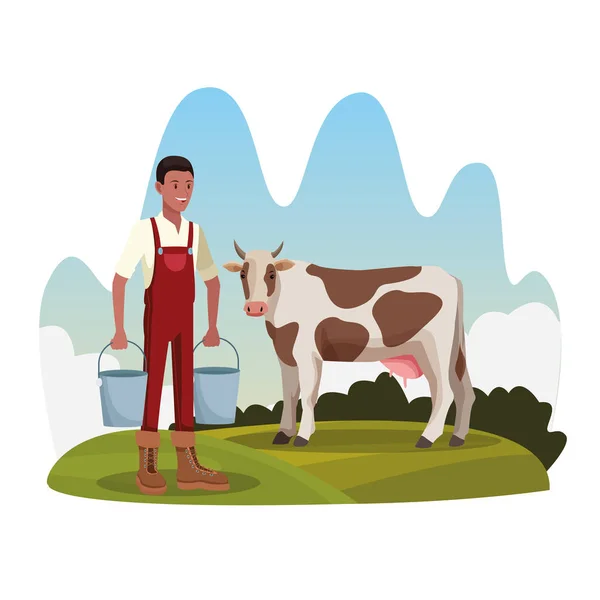 Agriculteur dans les paysages agricoles de dessins animés ruraux — Image vectorielle