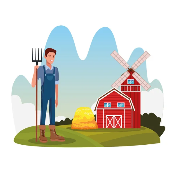 Agricultor en granja paisaje de dibujos animados rurales — Archivo Imágenes Vectoriales