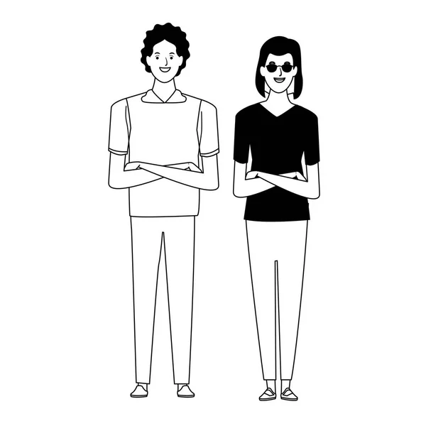 Casal avatar personagem de desenho animado em preto e branco — Vetor de Stock