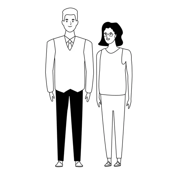 Pareja avatar personaje de dibujos animados en blanco y negro — Archivo Imágenes Vectoriales