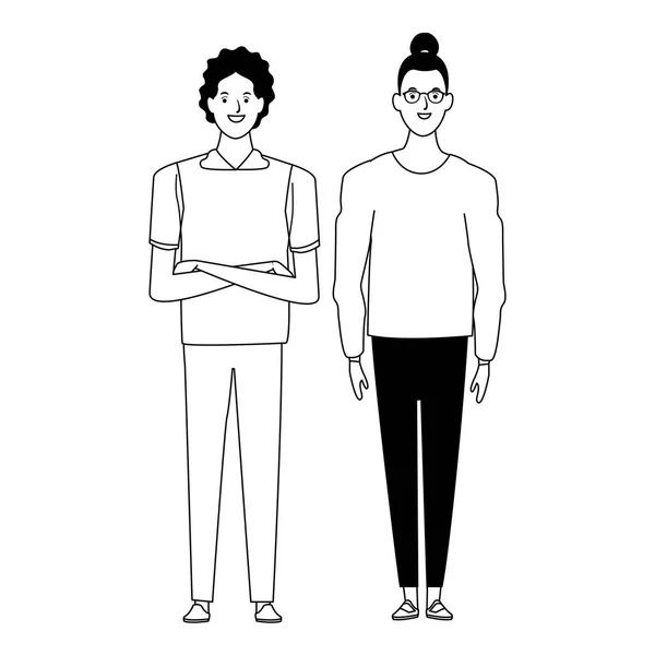 Couple avatar personnage de dessin animé en noir et blanc — Image vectorielle