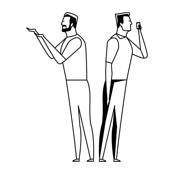 Hombres hablando a través del teléfono celular en blanco y negro — Vector de stock