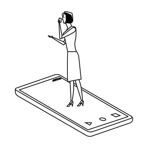 Woman over cellphone black and white — 스톡 벡터