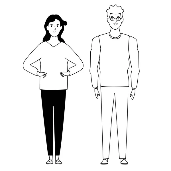 Couple avatar personnage de dessin animé en noir et blanc — Image vectorielle