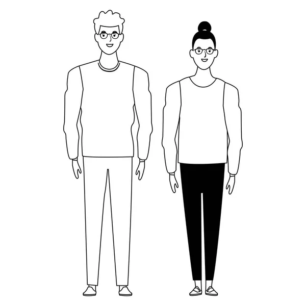 Pareja avatar personaje de dibujos animados en blanco y negro — Vector de stock