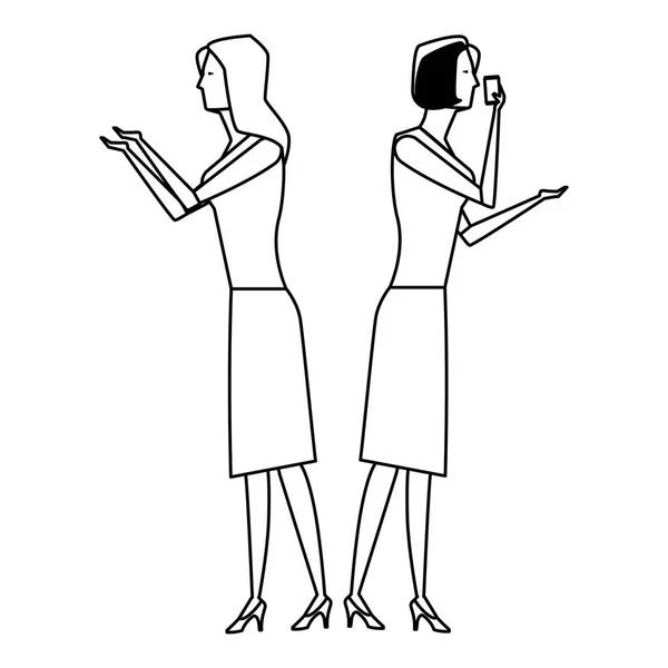 Frauen sprechen per Handy schwarz und weiß — Stockvektor
