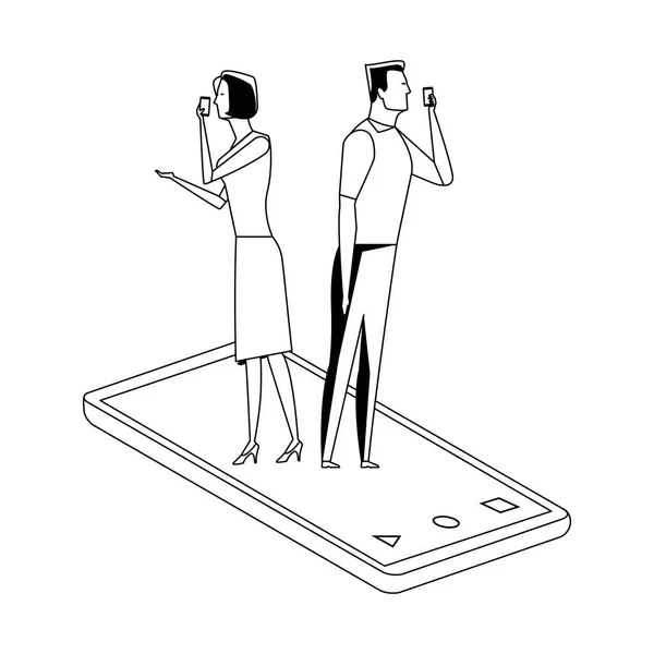 夫妇在手机黑白 — 图库矢量图片