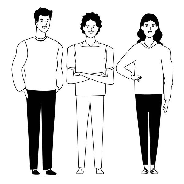 Gruppo di persone avatar personaggio dei cartoni animati in bianco e nero — Vettoriale Stock