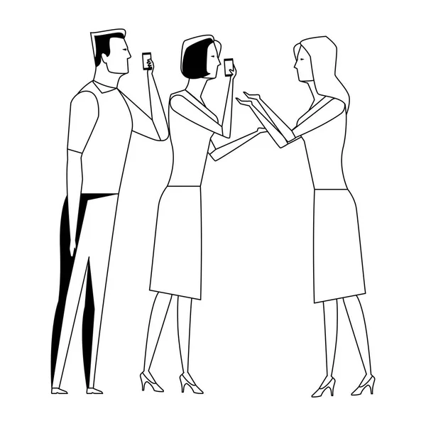 Grupo de personas que hablan a través del teléfono celular en blanco y negro — Archivo Imágenes Vectoriales