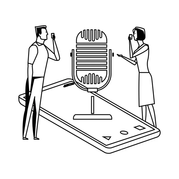 Couple et microphone sur un téléphone portable noir et blanc — Image vectorielle