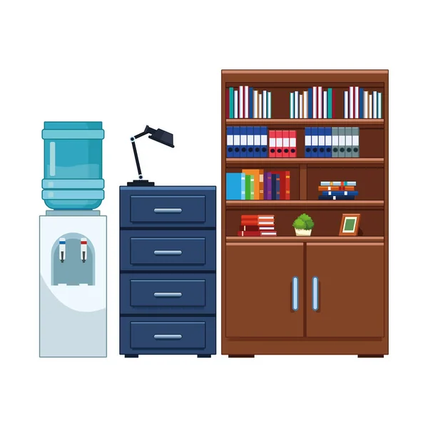 Wasserspender, Aktenschrank und Bücherregal — Stockvektor