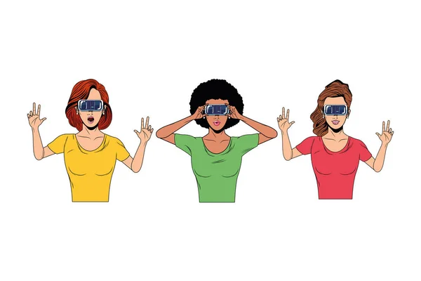 Kobiety z zestawem słuchawkowym rzeczywistości wirtualnej — Wektor stockowy