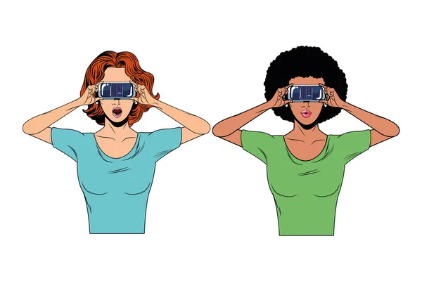 Vrouwen met Virtual Reality headset — Stockvector