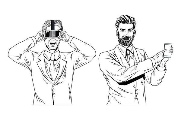 Hombres con auriculares de realidad virtual en blanco y negro — Archivo Imágenes Vectoriales