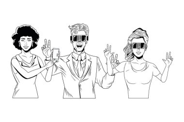 sanal gerçeklik kulaklık siyah ve beyaz ile insanların grubu