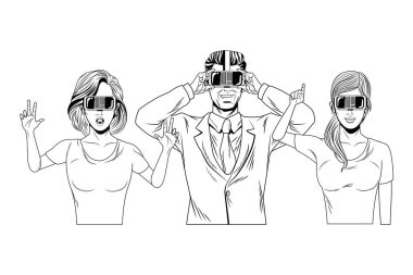 sanal gerçeklik kulaklık siyah ve beyaz ile insanların grubu