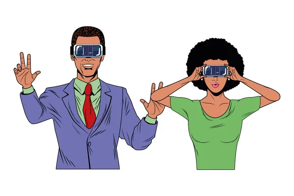 Casal vestindo fone de ouvido realidade virtual — Vetor de Stock