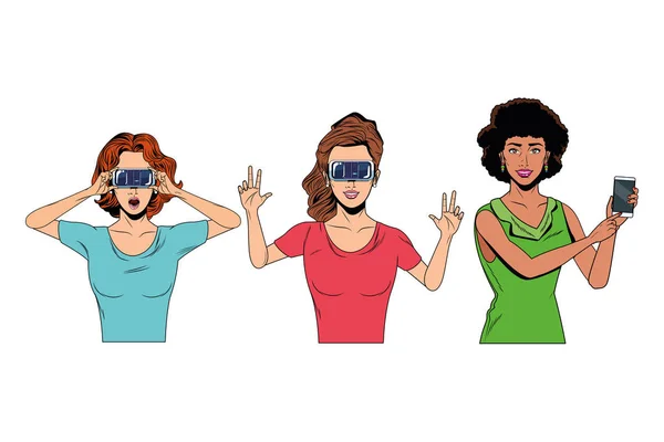 Mujeres con auriculares de realidad virtual — Vector de stock