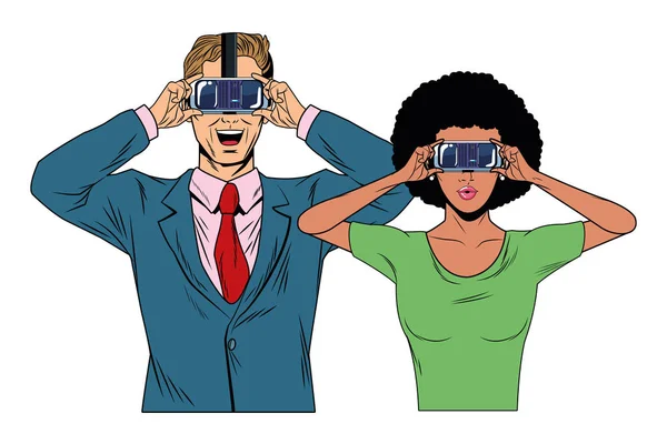 Casal vestindo fone de ouvido realidade virtual — Vetor de Stock