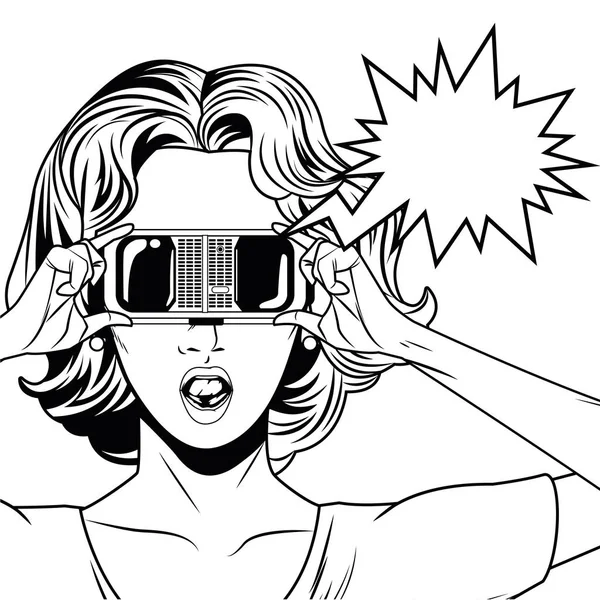 Mujer con auriculares de realidad virtual en blanco y negro — Vector de stock