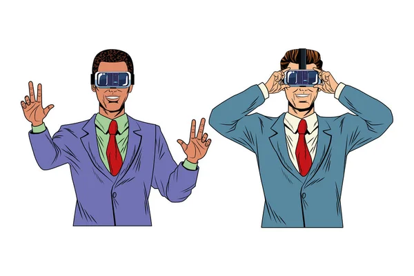 Mężczyźni z zestawem słuchawkowym rzeczywistości wirtualnej — Wektor stockowy
