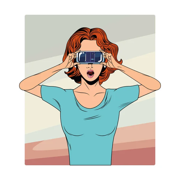 Mulher com fone de ouvido realidade virtual — Vetor de Stock