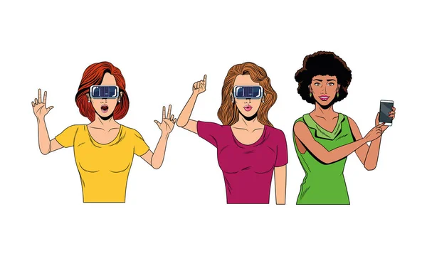 Mujeres con auriculares de realidad virtual — Vector de stock