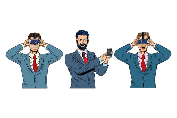 Hombres con auriculares de realidad virtual — Vector de stock