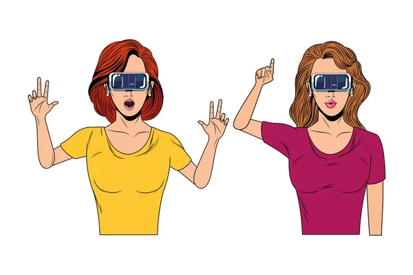 Mujeres con auriculares de realidad virtual — Vector de stock