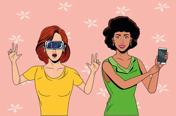 Vrouwen met Virtual Reality headset — Stockvector
