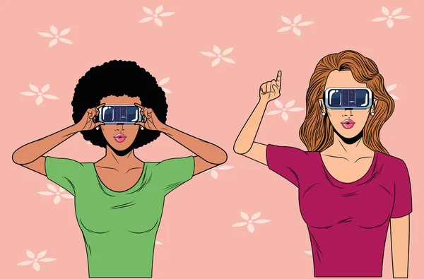 Женщины с гарнитурой виртуальной реальности — стоковый вектор