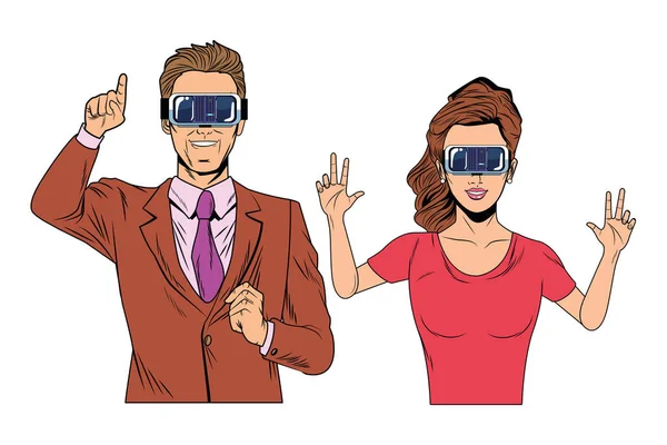 Couple portant un casque de réalité virtuelle — Image vectorielle