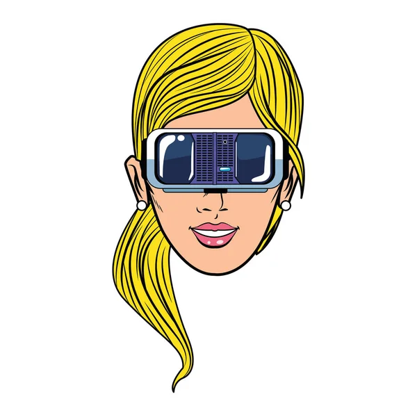 Cabeça de mulher com fone de ouvido realidade virtual — Vetor de Stock