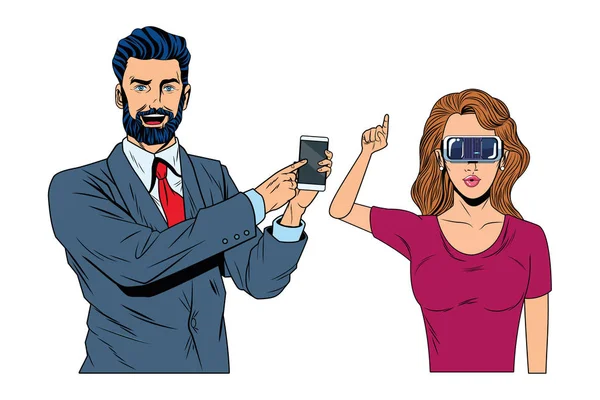Pareja con auriculares de realidad virtual — Vector de stock