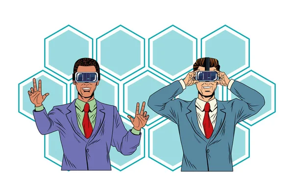Homens com fone de ouvido de realidade virtual — Vetor de Stock
