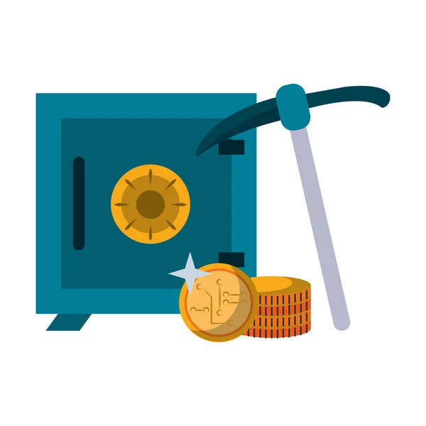 Сильна коробка і криптовалюта монети з вибором видобутку Векторні ілюстрації — стоковий вектор