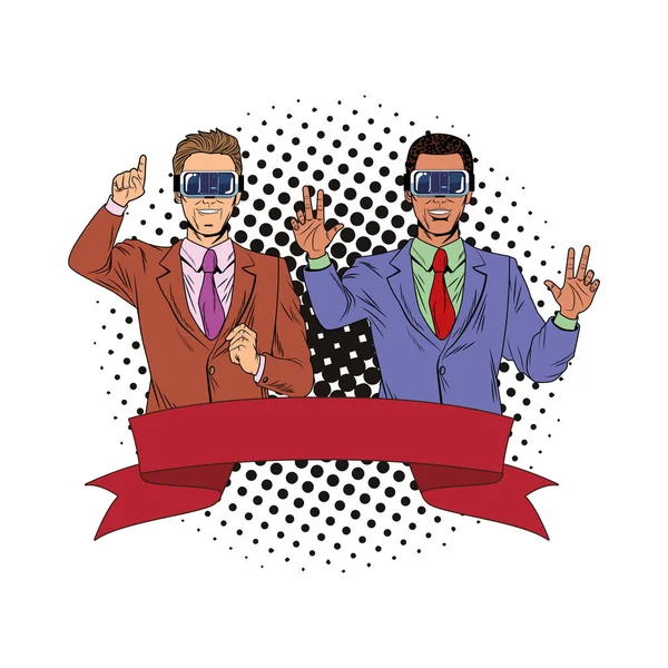 Homens com fone de ouvido de realidade virtual — Vetor de Stock