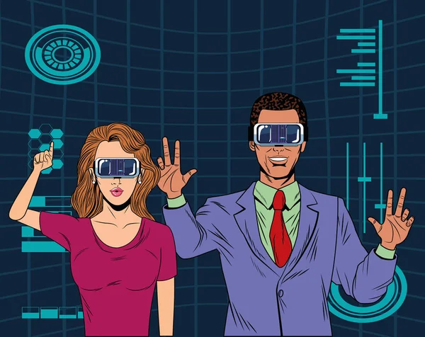 Pareja con auriculares de realidad virtual — Vector de stock