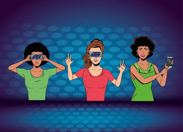 Mulheres com fone de ouvido de realidade virtual — Vetor de Stock